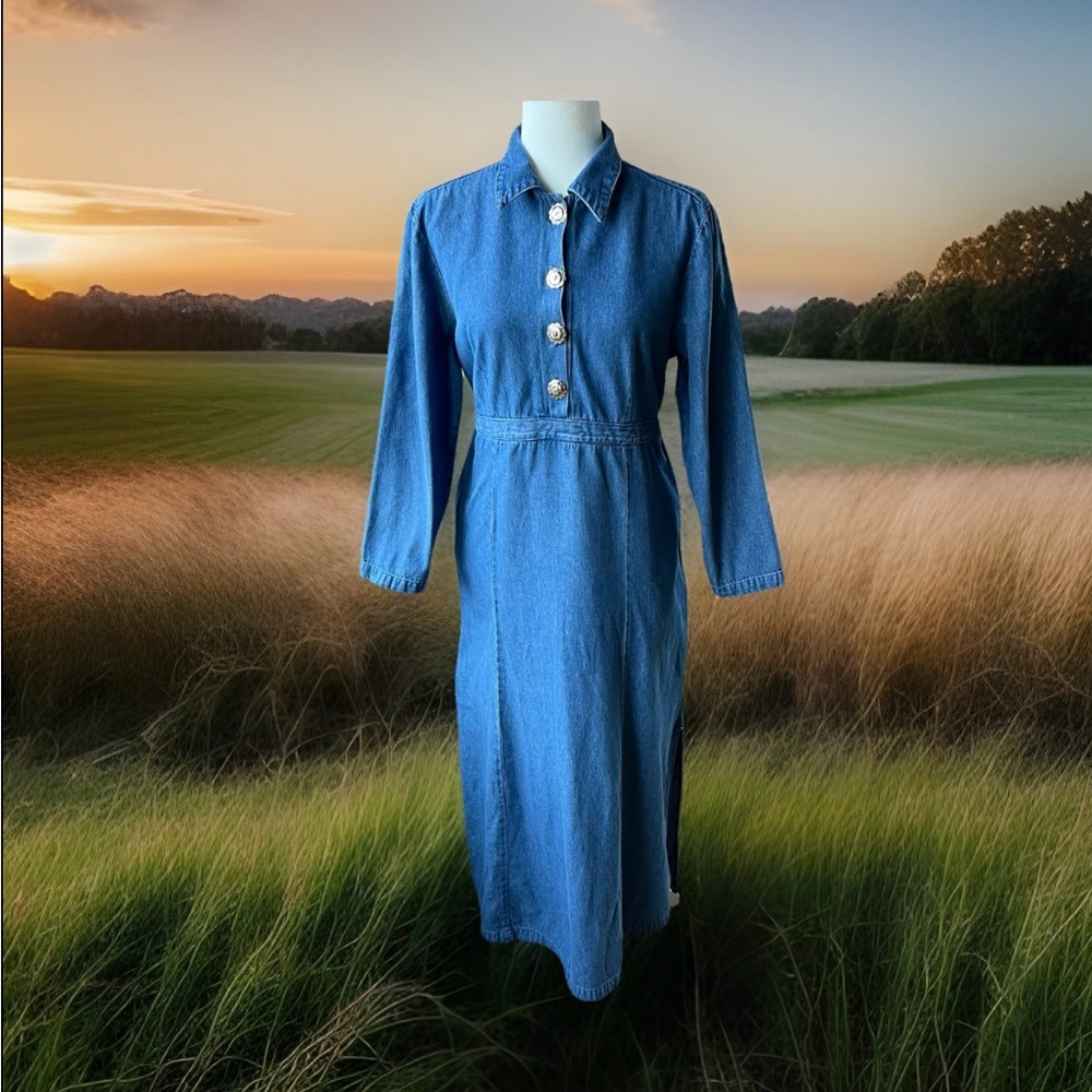 Vintage Sun Belt Denim Maxi Shirt Dress Womens M Blue Button Pockets Cottagecore